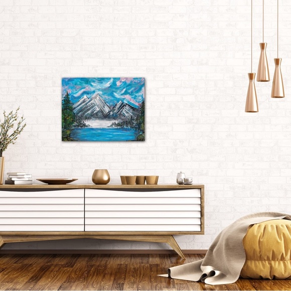 Winter wonderland, mountains with ice and trees, nature, original small painting - Picture 4 of 7